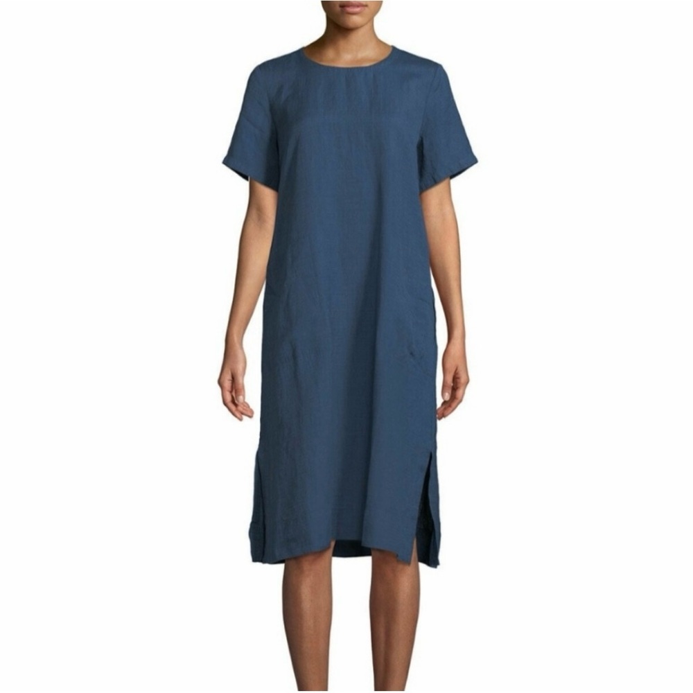 Eileen Fisher Organic Linen Tencel Crepe Roundneck Dress Sz L Grey